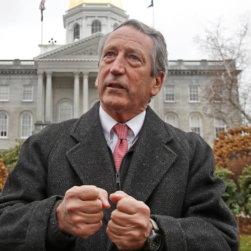 FILE - Former South Carolina Gov. Mark Sanford speaks during a news conference in front of the Statehouse, Nov. 12, 2019, in Concord, N.H. (AP Photo/Elise Amendola, File)