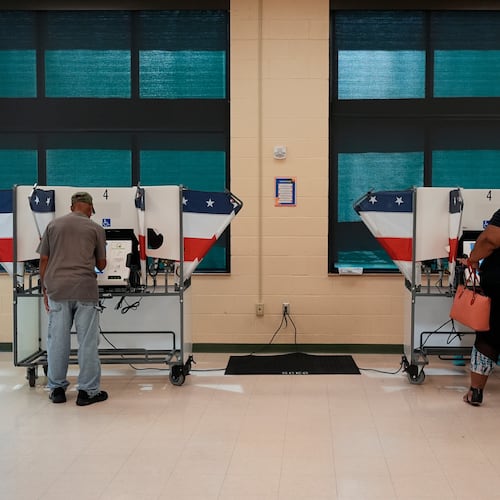 People vote at a polling place in a primary election Thursday, Aug. 6, 2026, in Memphis, Tenn. (AP Photo/George Walker IV)