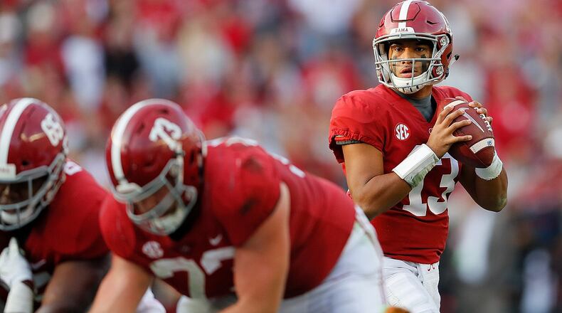 Tua Tagovailoa of the Alabama Crimson Tide looks to pass against the Auburn Tigers at Bryant-Denny Stadium on November 24, 2018 in Tuscaloosa, Alabama.  (Photo by Kevin C. Cox/Getty Images)