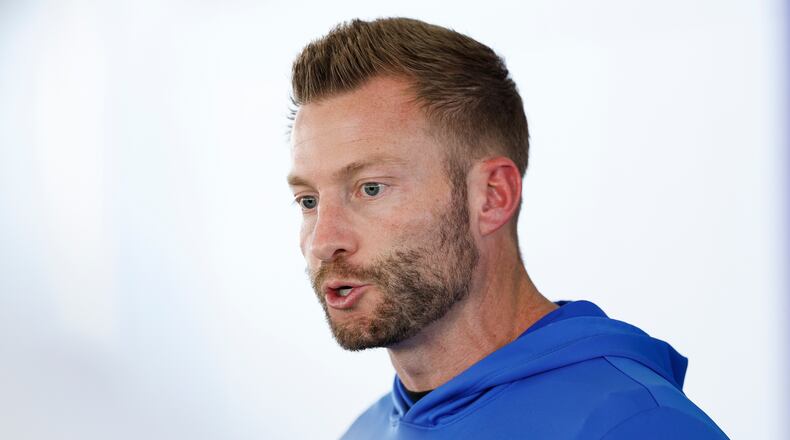 Los Angeles Rams head coach Sean McVay speaks during a news conference at the team's training facility Friday, Jan. 23, 2026, in Los Angeles, ahead of the NFL football NFC Championship game against the Seattle Seahawks. (AP Photo/Caroline Brehman)