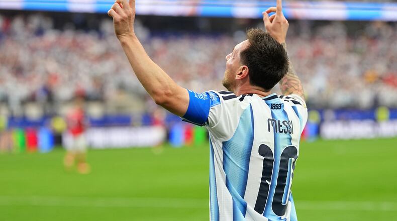 Argentina's Lionel Messi celebrates after scoring his side's second goal during the World Cup Group J soccer match between Argentina and Austria in Arlington, Texas, near Dallas, Monday, June 22, 2026. (AP Photo/Julio Cortez)
