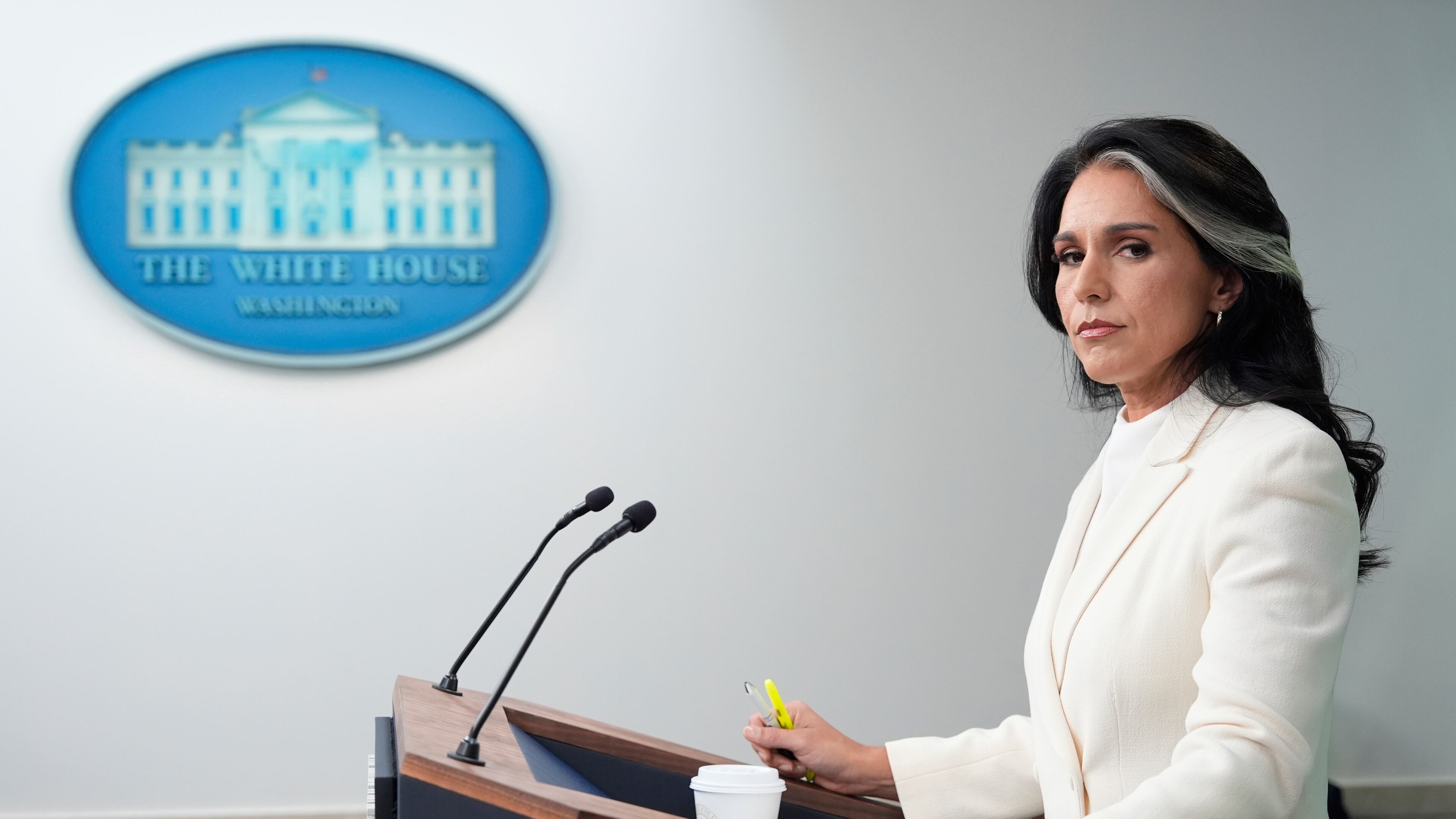 Director of National Intelligence Tulsi Gabbard, speaks with reporters in the James Brady Press Briefing Room at the White House, Wednesday, July 23, 2025, in Washington. (AP Photo/Alex Brandon)