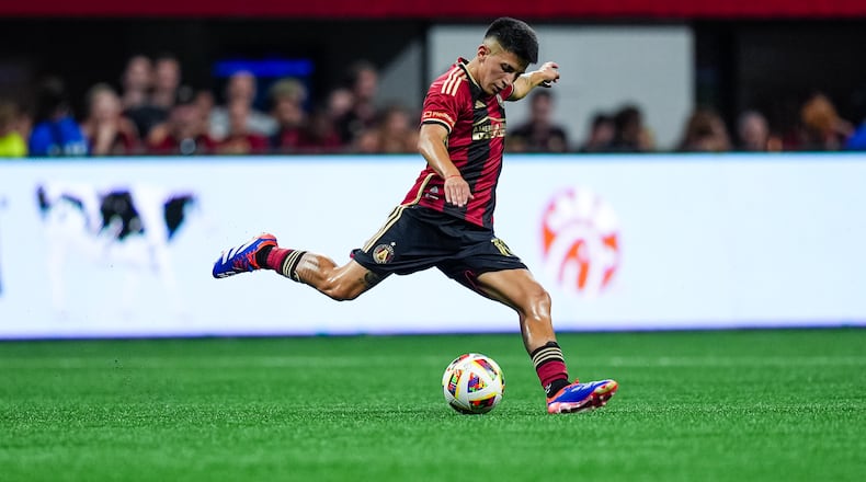 Atlanta United midfielder Thiago Almada #10 kicks the ball during the match against the Toronto FC at Mercedes-Benz Stadium in Atlanta, GA on Saturday June 29, 2024. (Photo by Madelaina Polk/Atlanta United)
