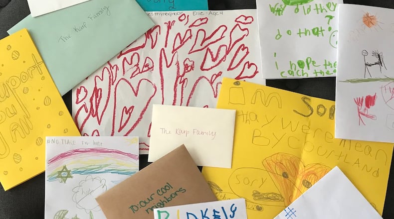 A sampling of the cards that members of the Edenwilde Cares community group created for Hilary Karp, who woke recently to find anti-Semitic drawings on her driveway in Milton. CONTRIBUTED