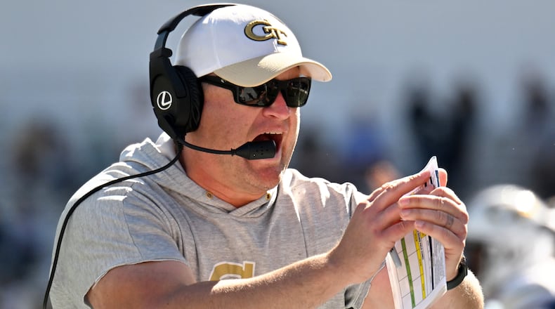Georgia Tech head coach Brent Key shouts instructions during the second half of an NCAA college football game at Georgia Tech's Bobby Dodd Stadium, Saturday, October 21, 2023, in Atlanta. Boston College won 38-23 over Georgia Tech. (Hyosub Shin / Hyosub.Shin@ajc.com)