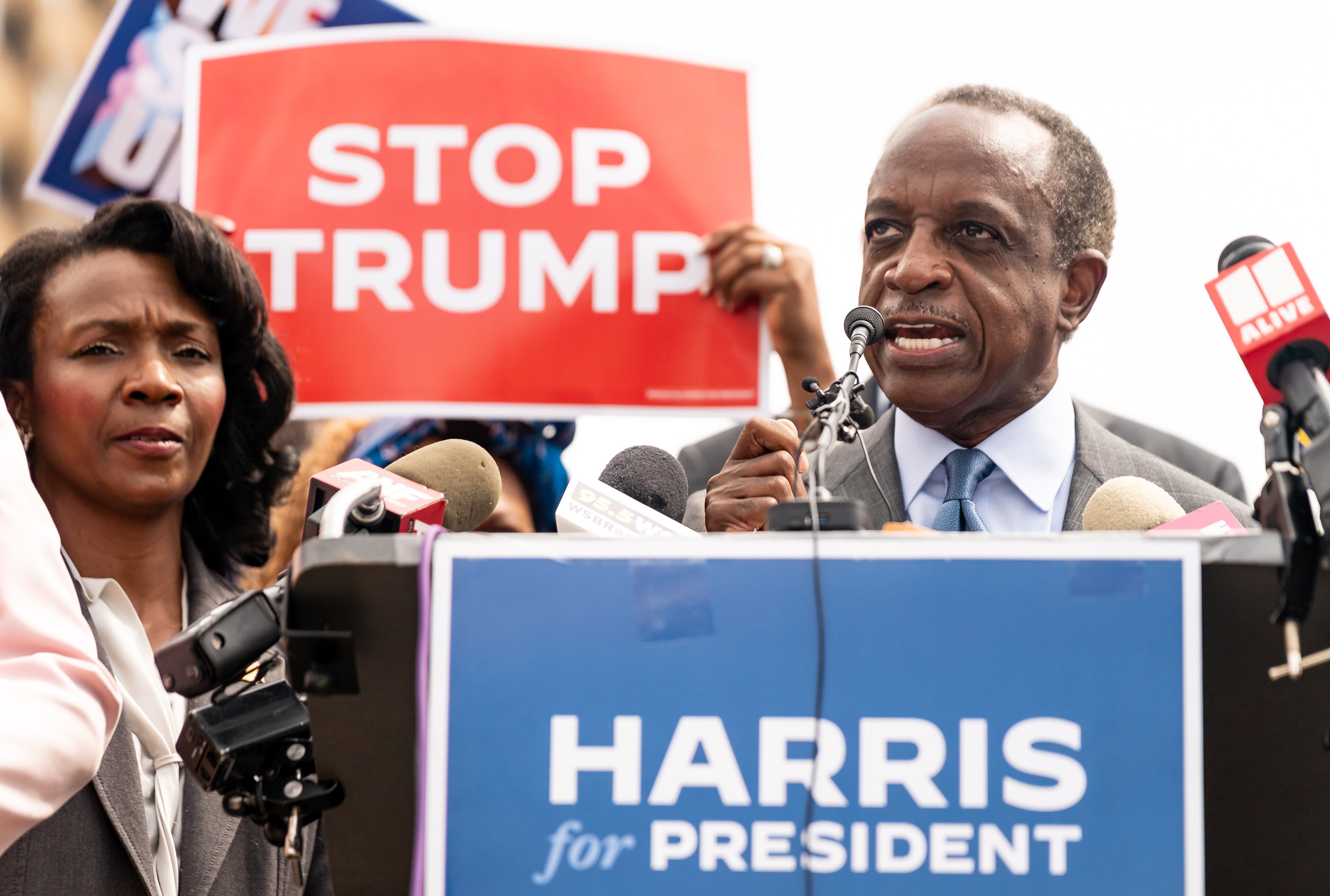 Then-DeKalb County CEO Michael Thurmond speaks in support of Vice President Kamala Harris’ presidential campaign during a press conference at Liberty Plaza near the Georgia State Capitol in Atlanta on Wednesday, July 24, 2024. (Seeger Gray/AJC)