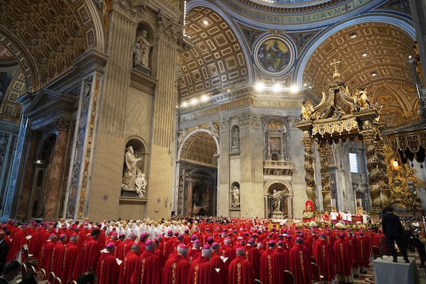 Pope Leo XIV celebrates a Mass in St. Peter's Basilica at the Vatican, where he will bless the pallia for the new metropolitan archbishops, Sunday, June 29, 2025. (AP Photo/Andrew Medichini)