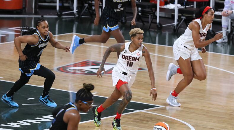Dream guard Courtney Williams (10) steals from the Chicago Sky in a WNBA basketball game Wednesday, May 19, 2021, in College Park. “Curtis Compton / Curtis.Compton@ajc.com”