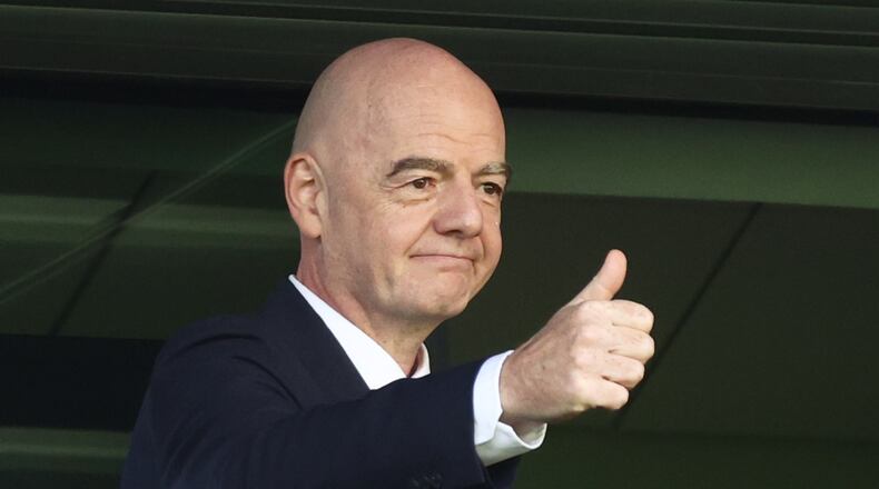FIFA President Gianni Infantino arrives to attend the opening game of the Women's U20 World Cup opening match between Poland and Argentina in Katowice, Poland, Saturday, Sept. 5, 2026. (AP Photo/Beata Zawrzel)