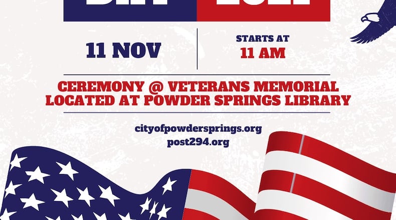 A Veterans Day ceremony will be held at the Powder Springs Veterans Memorial at 11 a.m. Nov. 11 followed by a Flag Retirement ceremony at 6 p.m. at American Legion Post 294 in Powder Springs. (Courtesy of Powder Springs)