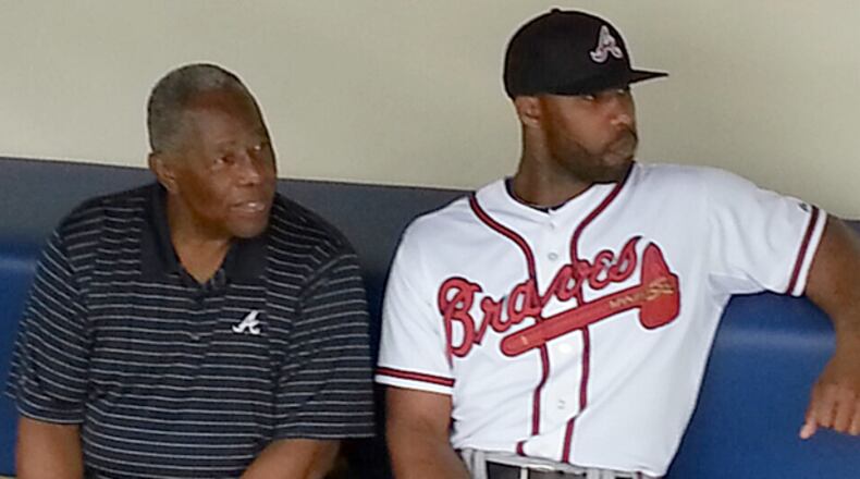 Braves legend Hank Aaron and right fielder Jason Heyward were filmed for a TV commercial when Aaron was at the team's training camp Thursday.