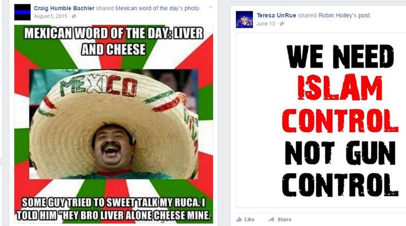 This combo shows two examples of some of the social media postings by Trump campaign staff members discovered by the Associated Press in an online search. Trump’s paid campaign staffers have declared on their personal social media accounts that Muslims are unfit to be U.S. citizens, mocked how Mexicans talk, called for Secretary of State John Kerry to be hanged and stated their readiness for a possible civil war, according to a review by The Associated Press of their postings. (AP Photo)