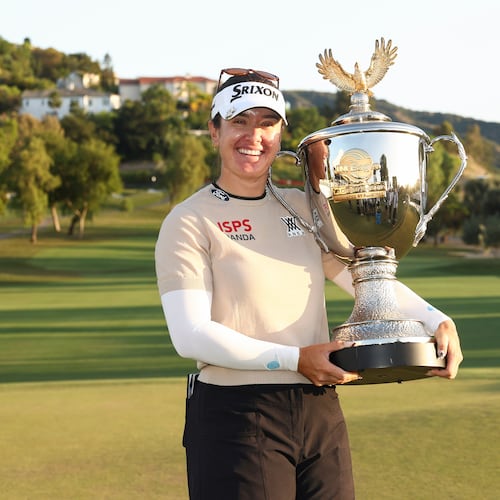 Hannah Green poses with the trophy after winning the LPGA JM Eagle LA Championship golf tournament at El Caballero Country Club Sunday, April 19, 2026, in Los Angeles. (AP Photo/Jessie Alcheh)