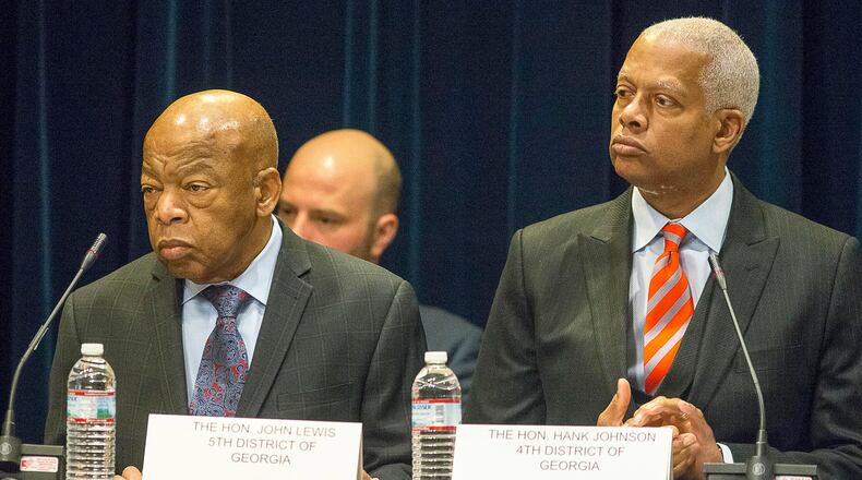 U.S. Rep. John Lewis (left), D-Georgia, and U.S. Rep. Hank Johnson (right), D-Georgia, listen to speakers during a field hearing on voting rights and difficulties facing voters in front of the United States House Administration Committee's elections subcommittee, chaired by U.S. Rep. Marcia Fudge, D-Ohio, at the Jimmy Carter Presidential Center in Atlanta, Tuesday, February 19, 2019. (ALYSSA POINTER/ALYSSA.POINTER@AJC.COM)