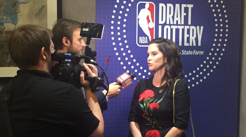 Hawks co-owner Jami Gertz speaks to reporters before the NBA draft lottery Tuesday in Chicago. Gertz will represent the Hawks on stage as the results are revealed.