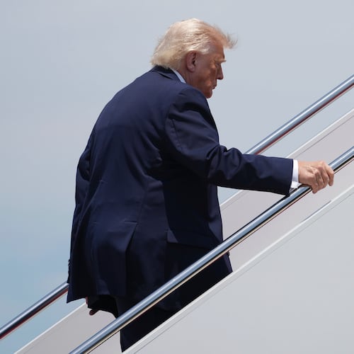 President Donald Trump boards Air Force One, Friday, June 5, 2026, at Joint Base Andrews, Md. (AP Photo/Mark Schiefelbein)