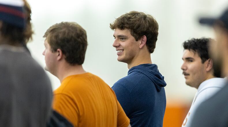 Texas quarterback Arch Manning attends the school's NFL football pro day as a spectator, Tuesday, March 24, 2026, in Austin, Texas. (AP Photo/Stephen Spillman)