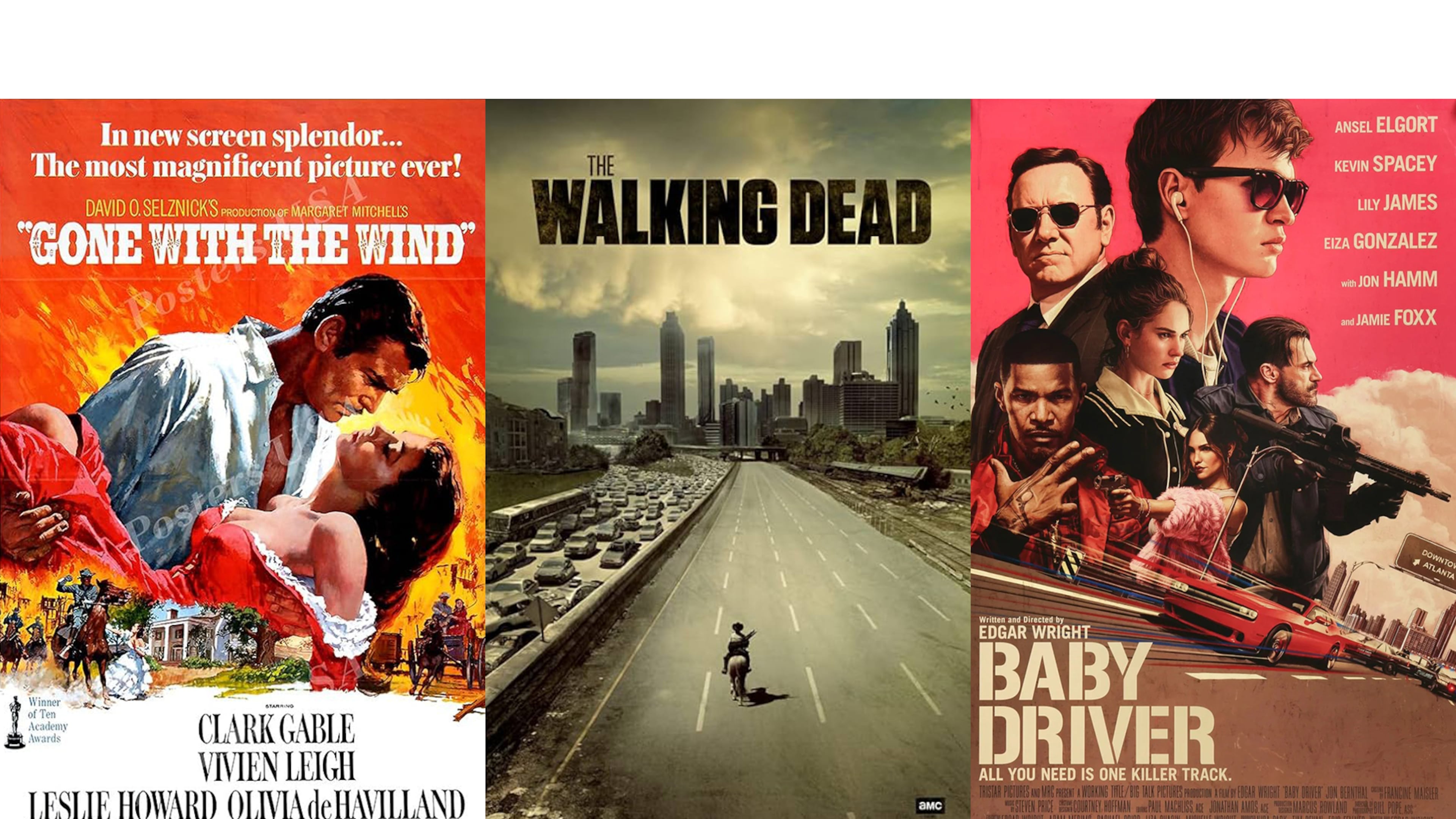 Among notable films and TV shows set in Atlanta: "Gone with the Wind" (1939), AMC's "The Walking Dead" (2010-2022) and "Baby Driver" (2017).