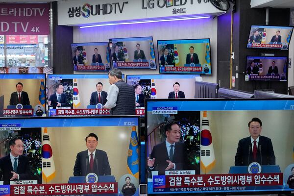 FILE - TV screens show the broadcast of South Korean President Yoon Suk Yeol's speech at the Yongsan Electronic store in Seoul, South Korea, on Dec. 12, 2024. (AP Photo/Ahn Young-joon, File)