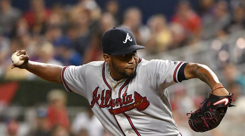 Julio Teheran #49 of the Atlanta Braves delivers a pitch in the fourth inning against the Miami Marlins at Marlins Park on June 8, 2019 in Miami, Florida. (Photo by Mark Brown/Getty Images)