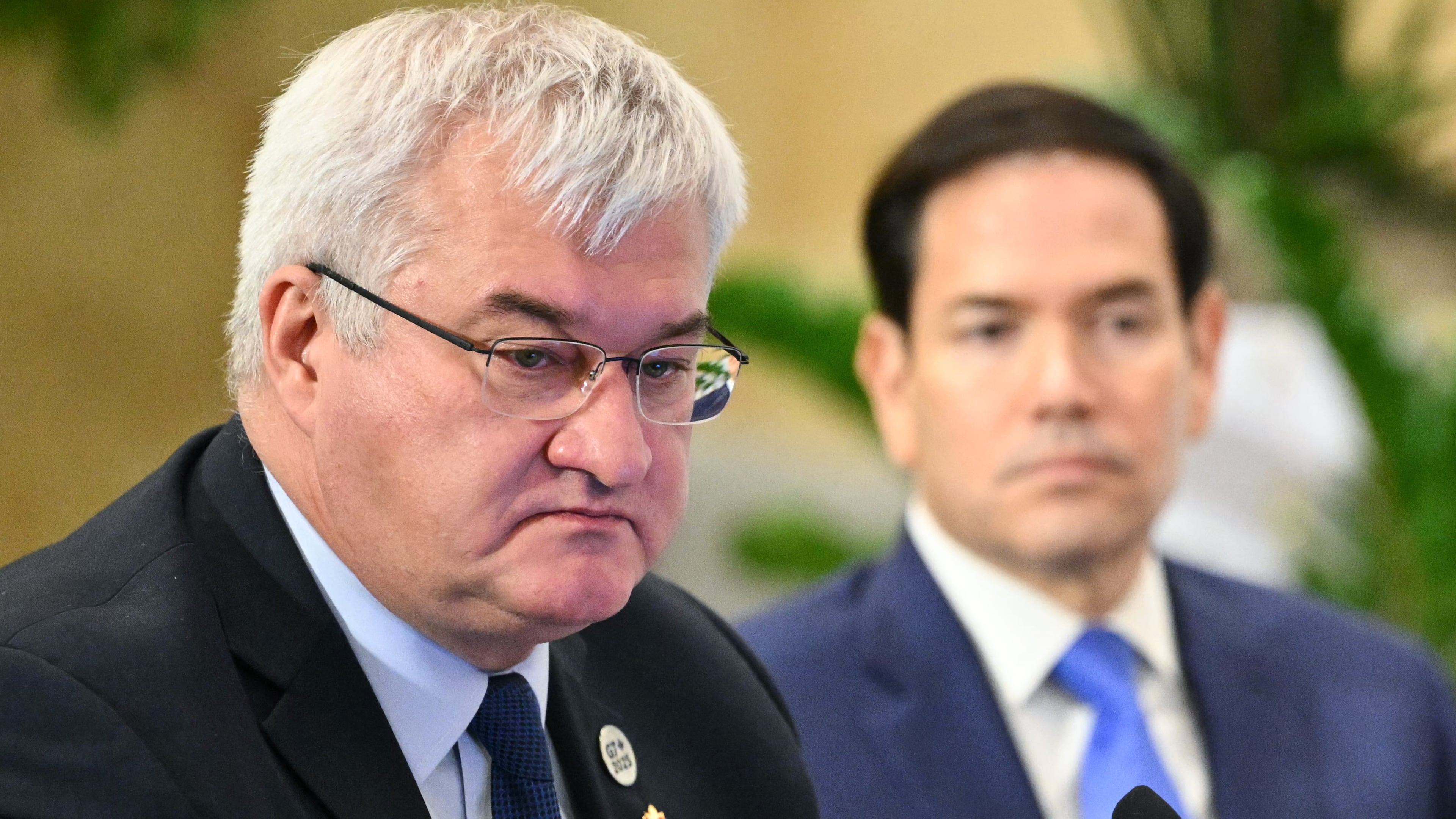 Ukraine's Foreign Minister Andriy Sybiga, left, and US Secretary of State Marco Rubio attend a G7 Session on Ukraine and Defense Cooperation during the G7 Foreign Ministers Meeting at the White Oaks Resort in Niagara-on-the-Lake, Canada, Wednesday, Nov. 12, 2025. (Mandel Ngan/Pool Photo via AP)