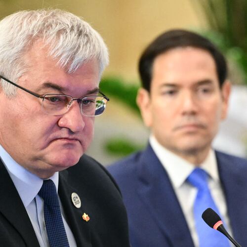 Ukraine's Foreign Minister Andriy Sybiga, left, and US Secretary of State Marco Rubio attend a G7 Session on Ukraine and Defense Cooperation during the G7 Foreign Ministers Meeting at the White Oaks Resort in Niagara-on-the-Lake, Canada, Wednesday, Nov. 12, 2025. (Mandel Ngan/Pool Photo via AP)
