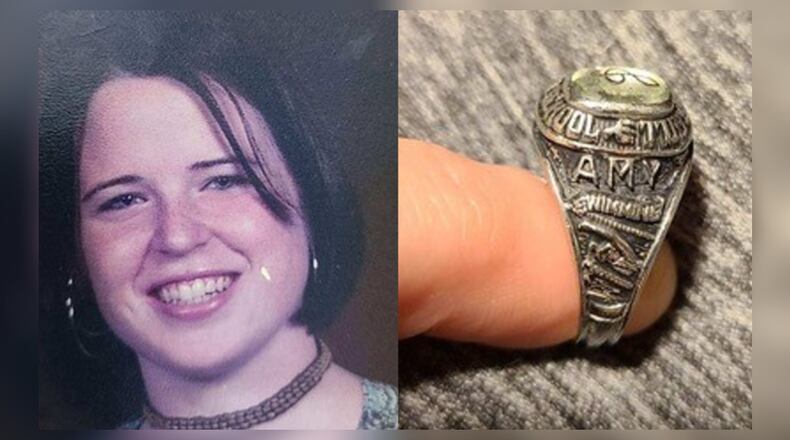 On the left is a photograph of Amy Goetz from high school at Collins Hill, while the picture on the right is her class ring, which was returned to her 18 years after she lost it in Florida.