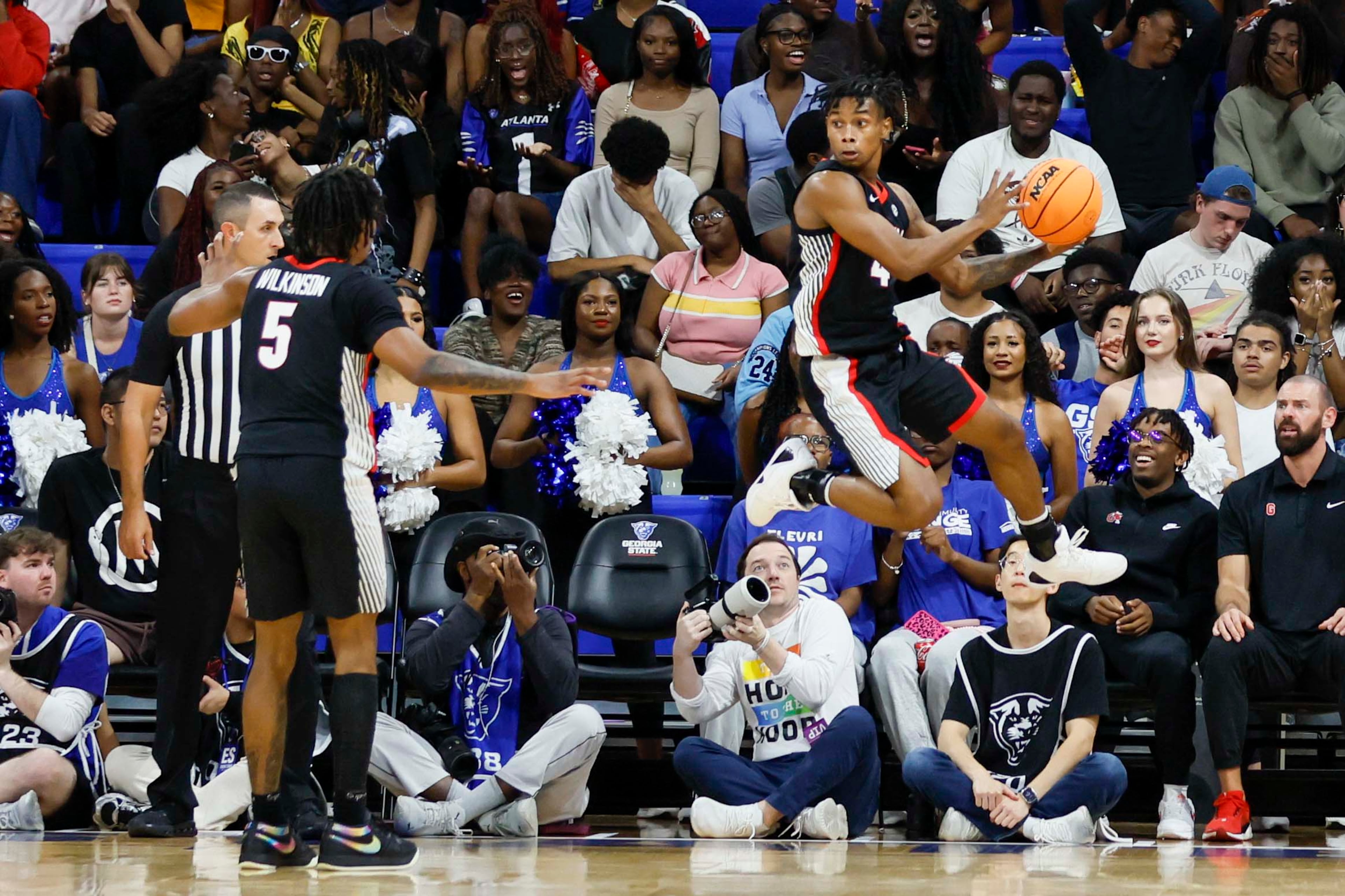 Georgia Bulldogs guard Marcus Millender (4) recovers a rebound during the first half of an exhibition game against the Georgia State Panthers at the Georgia State Convocation Center, Wednesday, October 15, 2025, in Atlanta. (Miguel Martinez/ AJC)