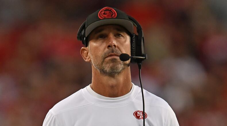 San Francisco 49ers head coach Kyle Shanahan glances back at the scoreboard while playing the Los Angeles Chargers in the first quarter of a preseason game at Levi's Stadium in Santa Clara, California, on Aug. 25, 2023. (Jose Carlos Fajardo/Bay Area News Group/TNS)