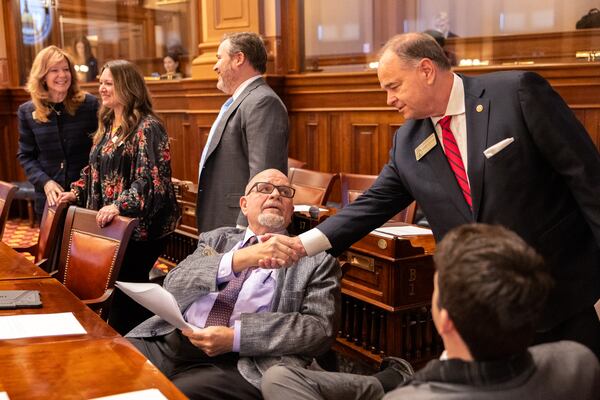 (L-R) Georgia State Rep. Steve Tarvin, R-Chickamauga, greets Rep. Devan Seabaugh, R-Marietta, on the first day of the legislative session at the Capitol in Atlanta on Monday, Jan. 12, 2026. (Arvin Temkar/AJC)
