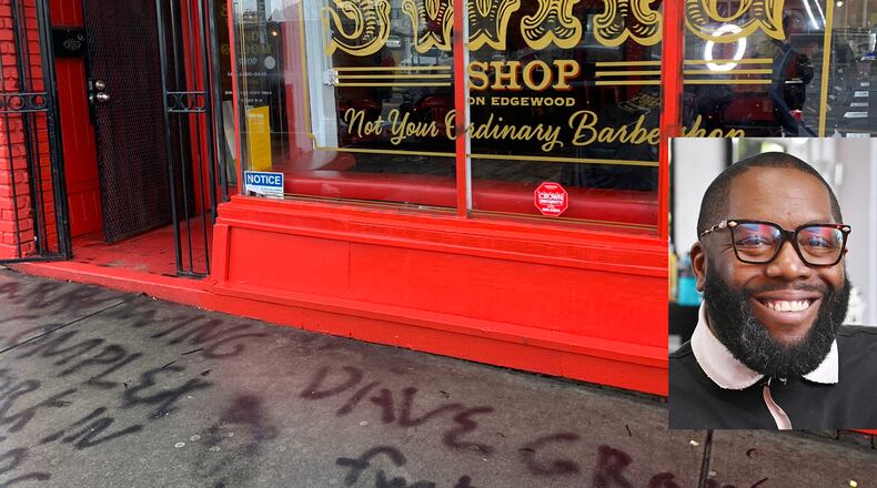 On Monday, Dec. 27, 2021, Michael "Killer Mike" Render discovered his Swag barbershop vandalized by graffiti. By Thursday, only part of the graffiti on the sidewalk was left. RODNEY HO/rho@ajc.com (inset: AJC file photo)