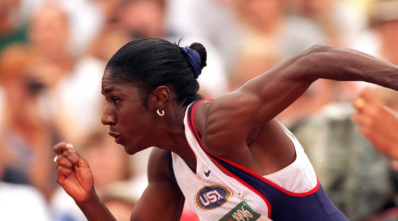 Gwen Torrence at the start of the 100-meter race during the track and field competitions at the Olympic stadium, Friday, July 26, 1996 during the Summer Olympic Games in Atlanta. (AJC Staff Photo/Rich Addicks)