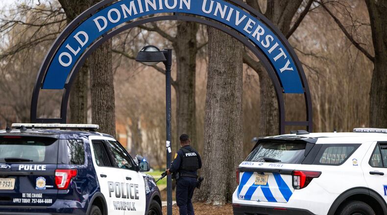 FILE - Police arrive outside Old Dominion University's campus after reports of an active shooter on March 12, 2026 in Norfolk, Va. (Kendall Warner/The Virginian-Pilot via AP, File)