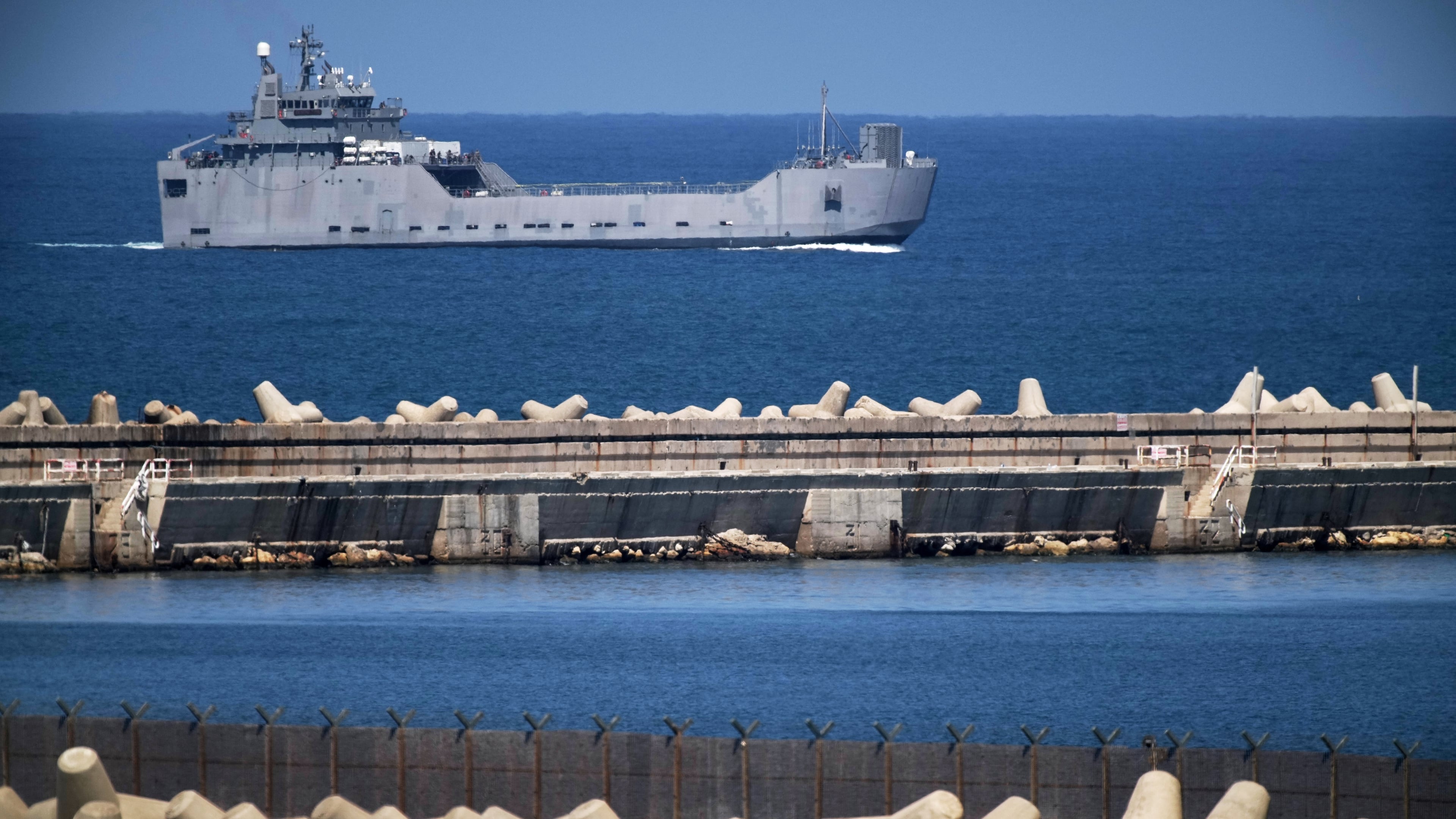 An Israeli Navy vessel moves in the Mediterranean sea toward the port of Ashdod, Israel, Thursday, Oct. 2, 2025. (AP Photo/Leo Correa)
