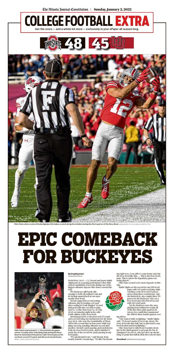 Expanded coverage of New Year’s Day college bowl games, including the Rose Bowl, in Sunday ePaper