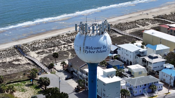 An aerial image shows a water tower on Tybee Island is visible on Wednesday, March 18, 2026. (Miguel Martinez/AJC)