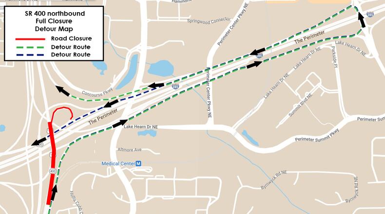 The Georgia Department of Transportation will close northbound Ga. 400 overnight on weekdays next week for construction of a new I-285 bridge over the highway.