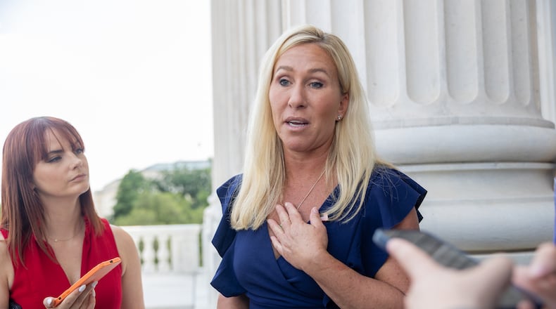U.S. Rep. Marjorie Taylor Greene, R-Rome, has said she is a “no” on funding the federal government to avoid a shutdown unless all her demands are met. They include passing an impeachment inquiry on President Joe Biden and ceasing federal funding for COVID-19 vaccines and the war in Ukraine. (Nathan Posner for The Atlanta Journal-Constitution)