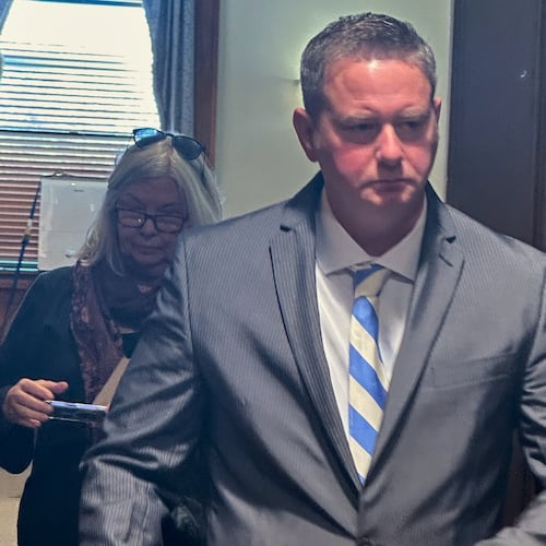 FILE - Former New York state trooper Christopher Baldner, who is charged in the death of an 11-year-old girl, leaves the court room during his trial on Oct. 28, 2025 in Kingston, N.Y. (AP Photo/Michael Hill, File)