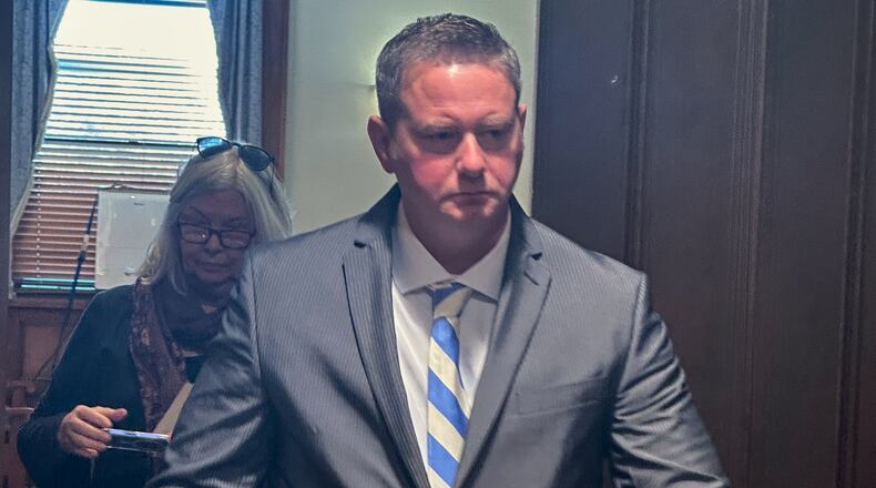 FILE - Former New York state trooper Christopher Baldner, who is charged in the death of an 11-year-old girl, leaves the court room during his trial on Oct. 28, 2025 in Kingston, N.Y. (AP Photo/Michael Hill, File)