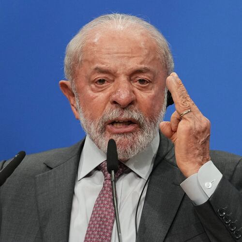 Brazil's President Luiz Inacio Lula da Silva speaks during a joint press conference with German Chancellor Friedrich Merz at the end of the German-Brazilian intergovernmental consultations at Herrenhausen Palace, in Hannover, northern Germany, Monday, April 20, 2026. (AP Photo/Martin Meissner)