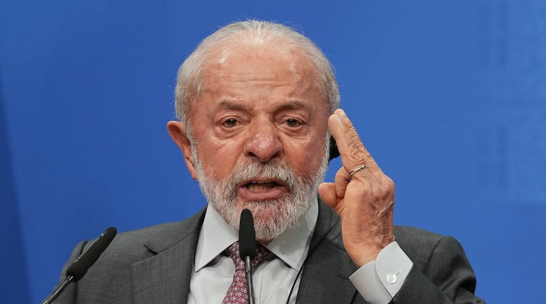 Brazil's President Luiz Inacio Lula da Silva speaks during a joint press conference with German Chancellor Friedrich Merz at the end of the German-Brazilian intergovernmental consultations at Herrenhausen Palace, in Hannover, northern Germany, Monday, April 20, 2026. (AP Photo/Martin Meissner)