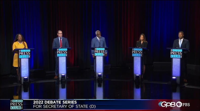 Five Democrats running for Georgia secretary of state participated Monday in a debate sponsored by the Atlanta Press Club. From left: Dee Dawkins-Haigler, John Eaves, Floyd Griffin, Bee Nguyen and Michael Owens.