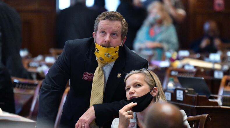 June 25, 2020 Atlanta - Bert Reeves (R-Marietta), left, and Bonnie Rich (R-Â Suwanee) who presented SB-375 wait for the result after the vote in the House Chambers on day 39 of the legislative session at Georgia State Capitol on Thursday, June 25, 2020. (Hyosub Shin / Hyosub.Shin@ajc.com)