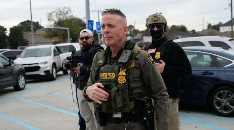 U.S. Border Patrol Commander at large Gregory Bovino arrives at a Home Depot in Kenner, La.,Wednesday, Dec. 3, 2025. (AP Photo/Gerald Herbert)
