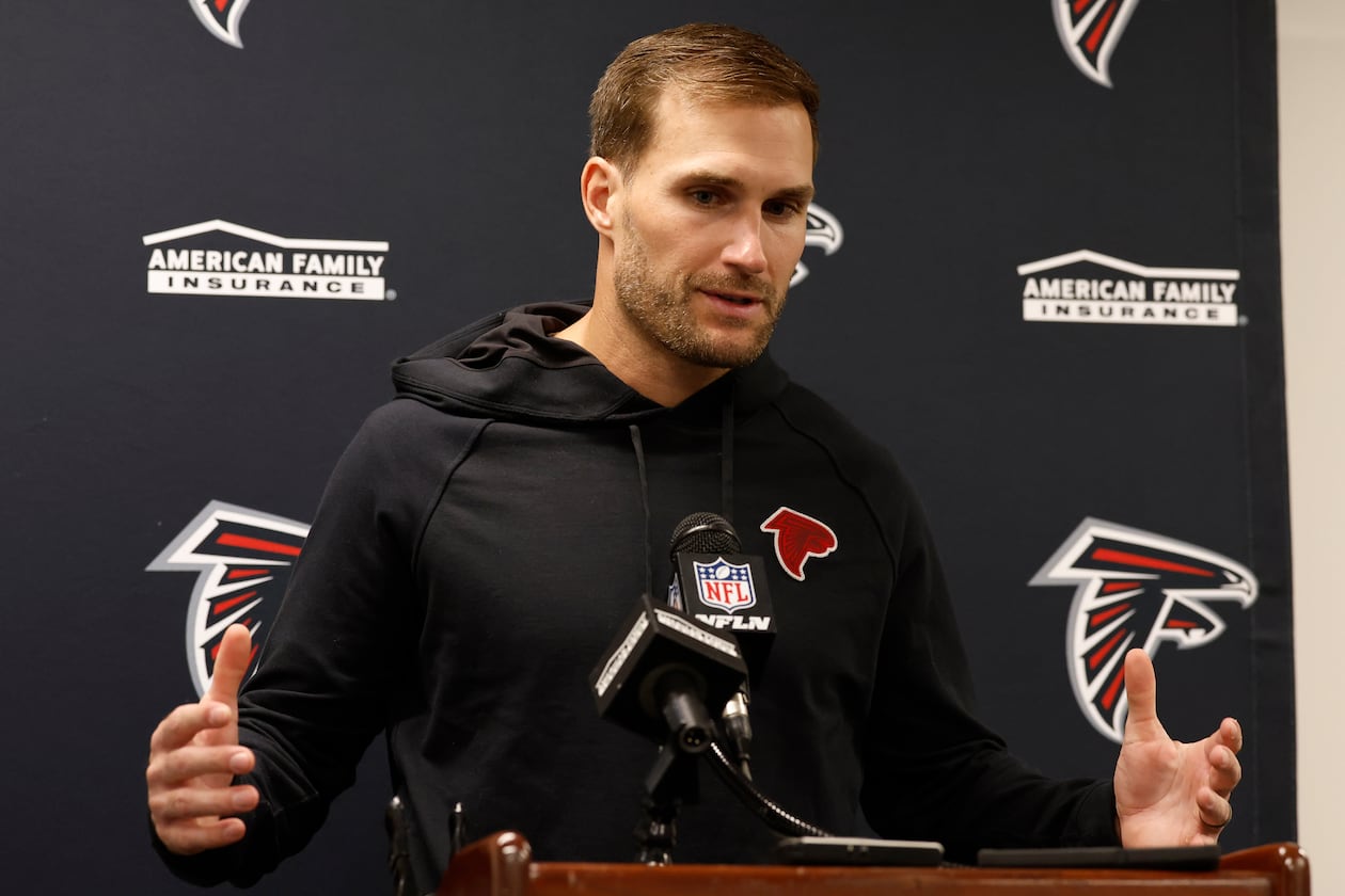 Atlanta Falcons quarterback Kirk Cousins talks during a news conference following a win over the New Orleans Saints in an NFL football game, Sunday, Nov. 23, 2025, in New Orleans. (AP Photo/Butch Dill)