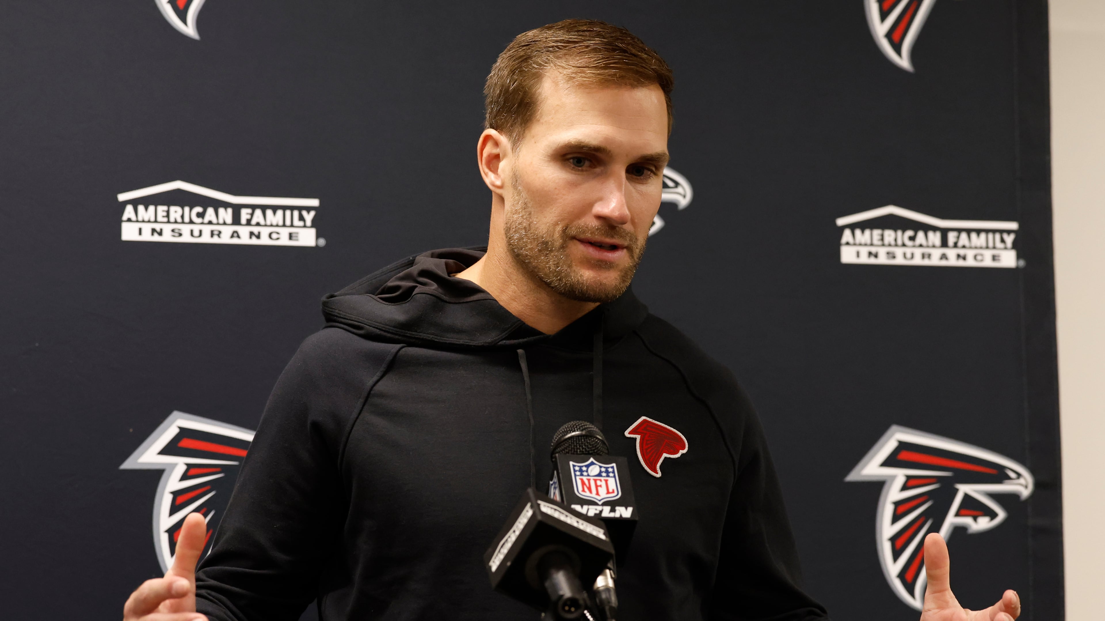 Atlanta Falcons quarterback Kirk Cousins talks during a news conference following a win over the New Orleans Saints in an NFL football game, Sunday, Nov. 23, 2025, in New Orleans. (AP Photo/Butch Dill)