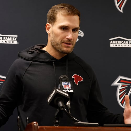 Atlanta Falcons quarterback Kirk Cousins talks during a news conference following a win over the New Orleans Saints in an NFL football game, Sunday, Nov. 23, 2025, in New Orleans. (AP Photo/Butch Dill)