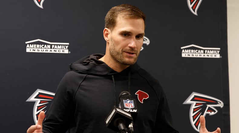 Atlanta Falcons quarterback Kirk Cousins talks during a news conference following a win over the New Orleans Saints in an NFL football game, Sunday, Nov. 23, 2025, in New Orleans. (AP Photo/Butch Dill)