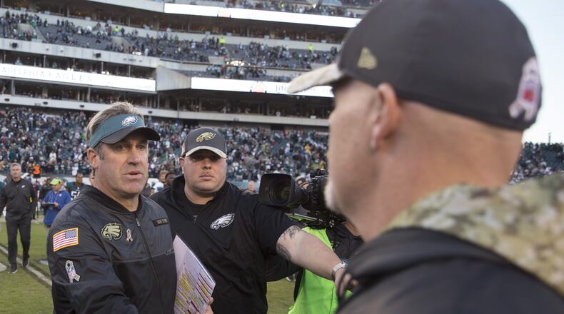 PHILADELPHIA, PA - NOVEMBER 13: Head coach Doug Pederson of the Philadelphia Eagles shakes hands with head coach Dan Quinn of the Atlanta Falcons after the game at Lincoln Financial Field on November 13, 2016 in Philadelphia, Pennsylvania. The Eagles defeated the Falcons 24-15. (Photo by Mitchell Leff/Getty Images)